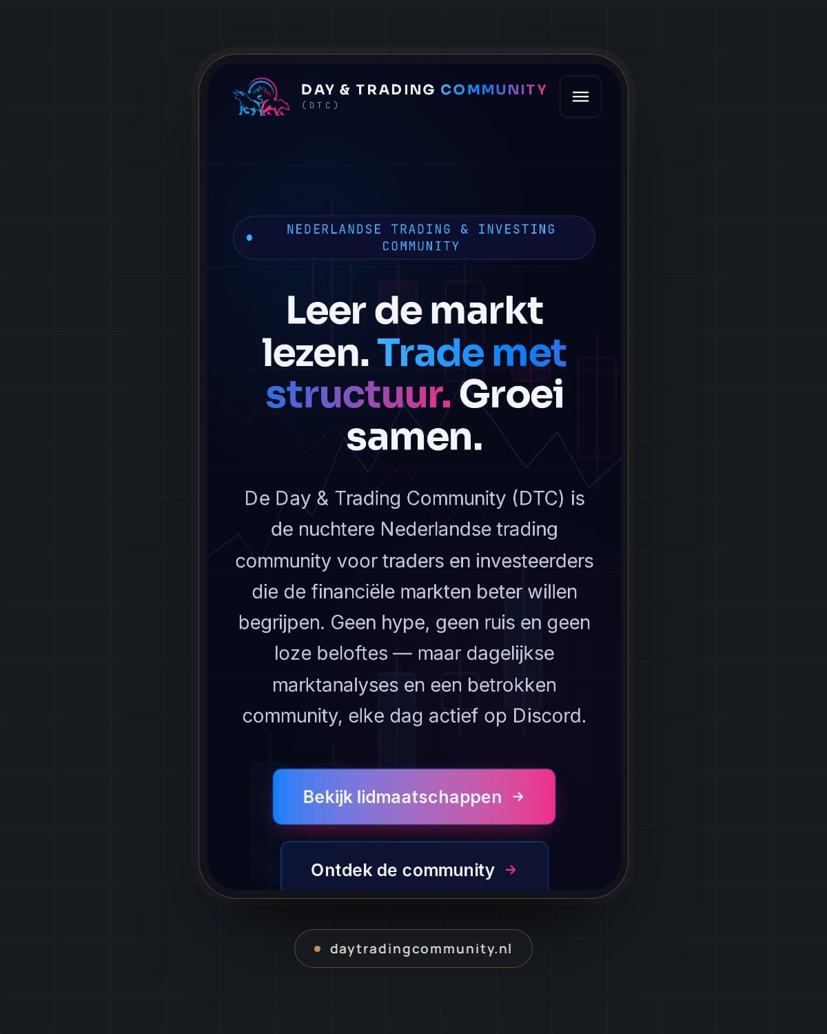 De site van Day & Trading Community op een telefoon